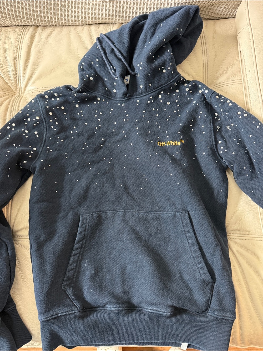 Off-White Navy Hoodie with White Pearl Stud Embellishment